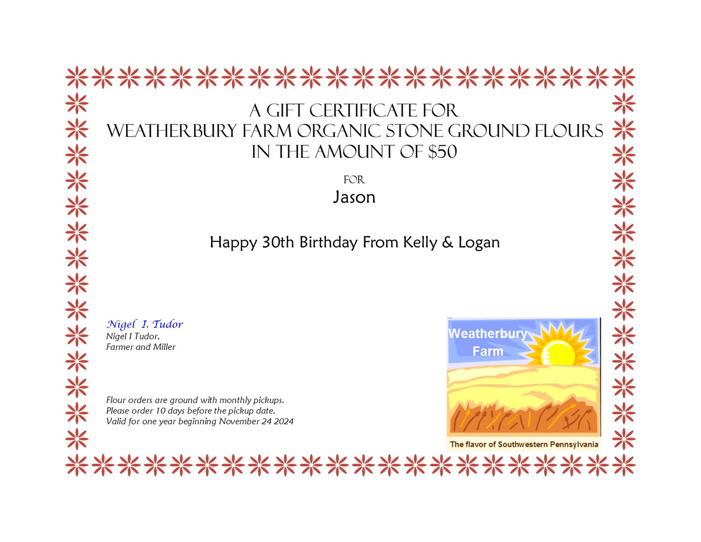 WEATHERBURY FARM GIFT CERTIFICATE